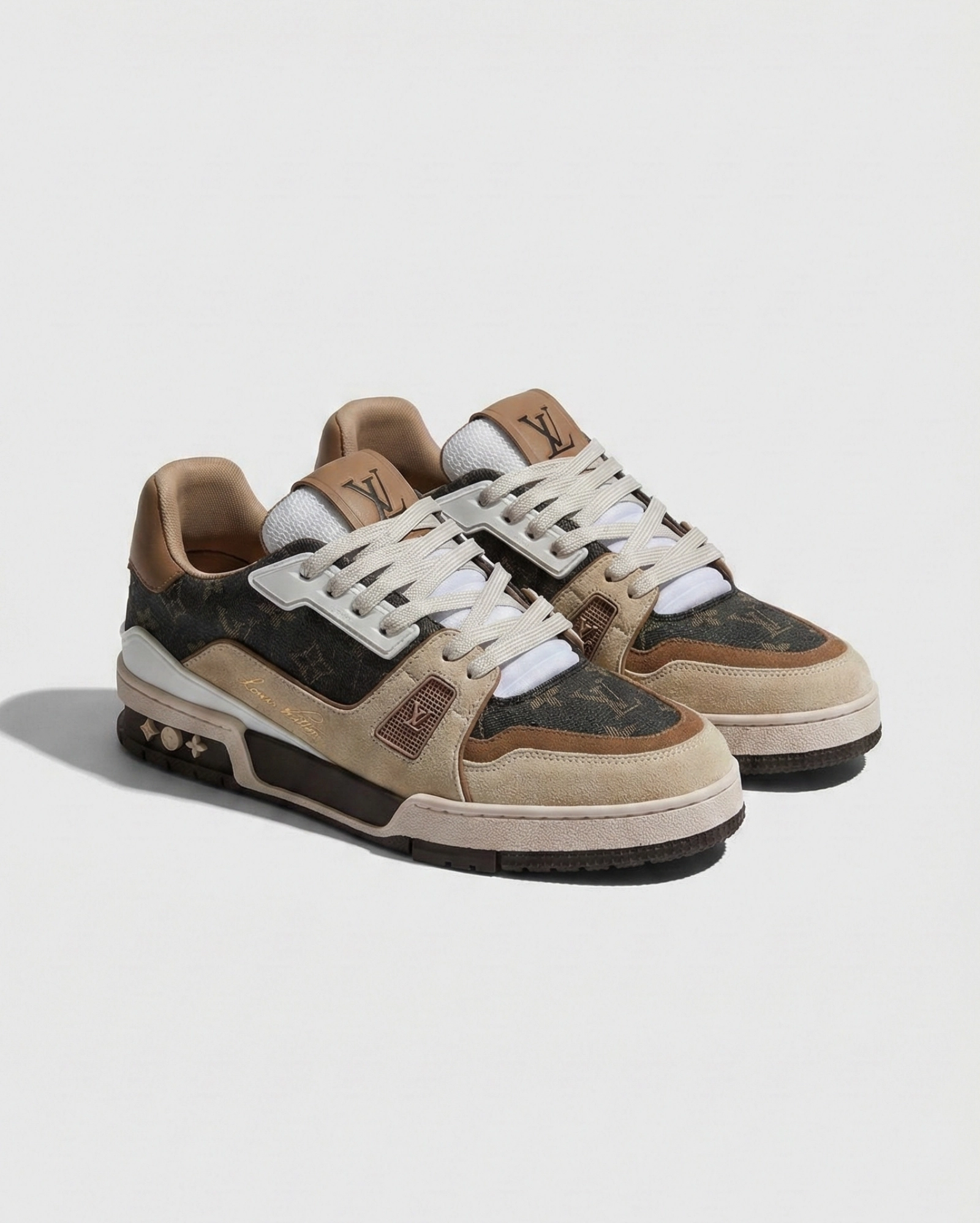 Louis Vuitton LV Trainer Sneaker Monogram Canvas & Brown Leather LOUIS VUITTON premium 1:1 craftmanship super master edition Louis Vuitton LV Trainer Sneaker Monogram Canvas & Brown Leather