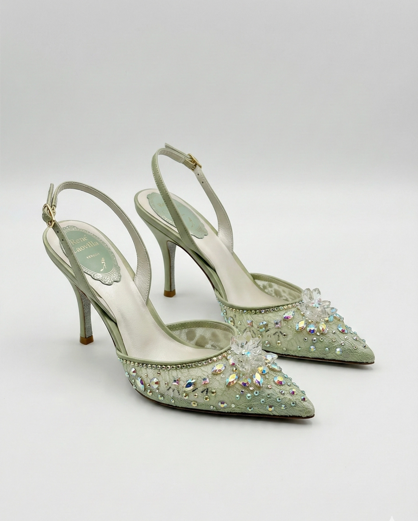 René Caovilla Veneziana Lace and Crystal Slingback Pumps. René Caovilla. premium 1:1 craftmanship super master edition René Caovilla Veneziana Lace and Crystal Slingback Pumps.