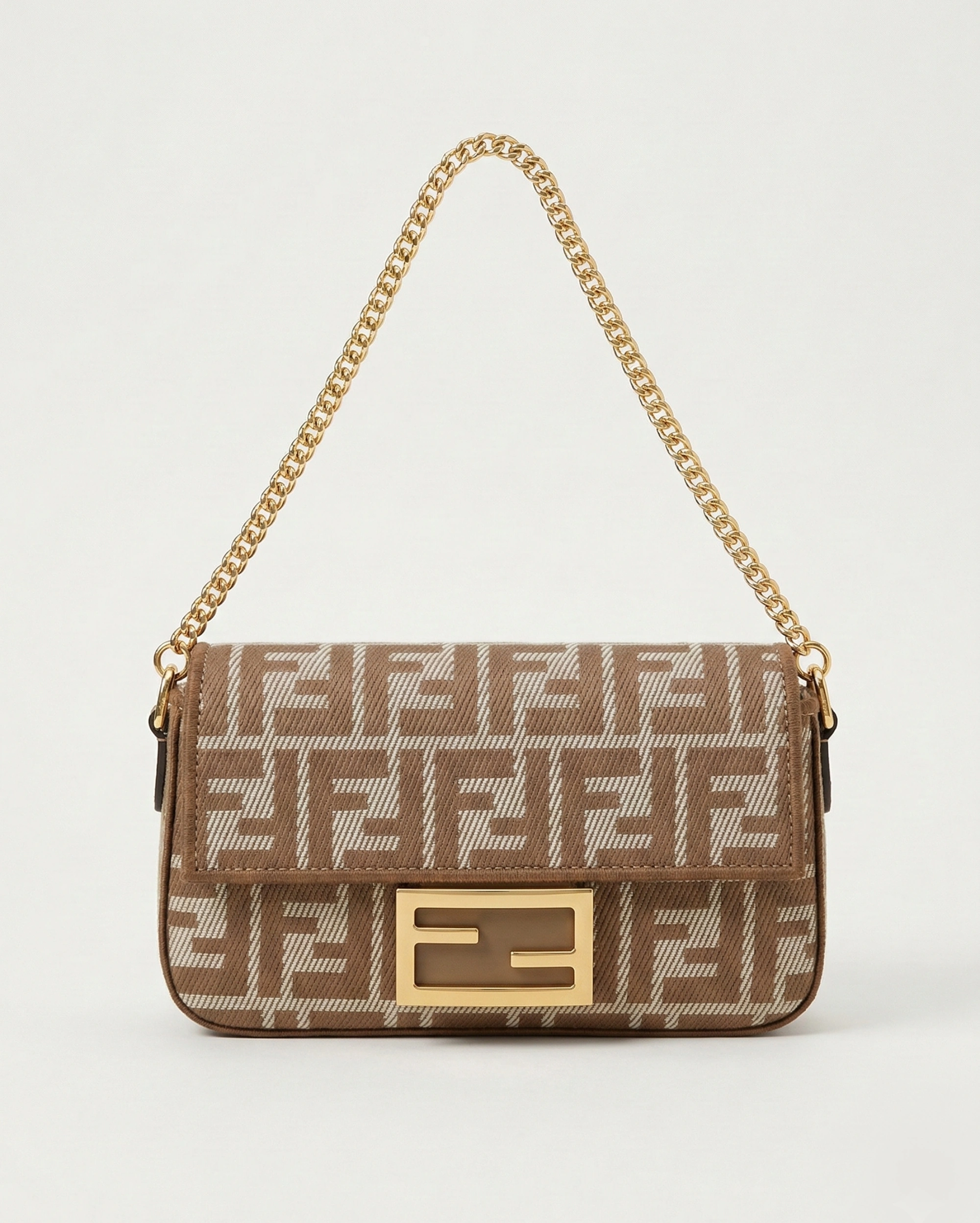 Luxury Beige FF Monogram Chain Handbag - 1:1 Mirror Quality Supermaster Copy FENDI premium 1:1 craftmanship super master edition Luxury Beige FF Monogram Chain Handbag - 1:1 Mirror Quality Supermaster Copy