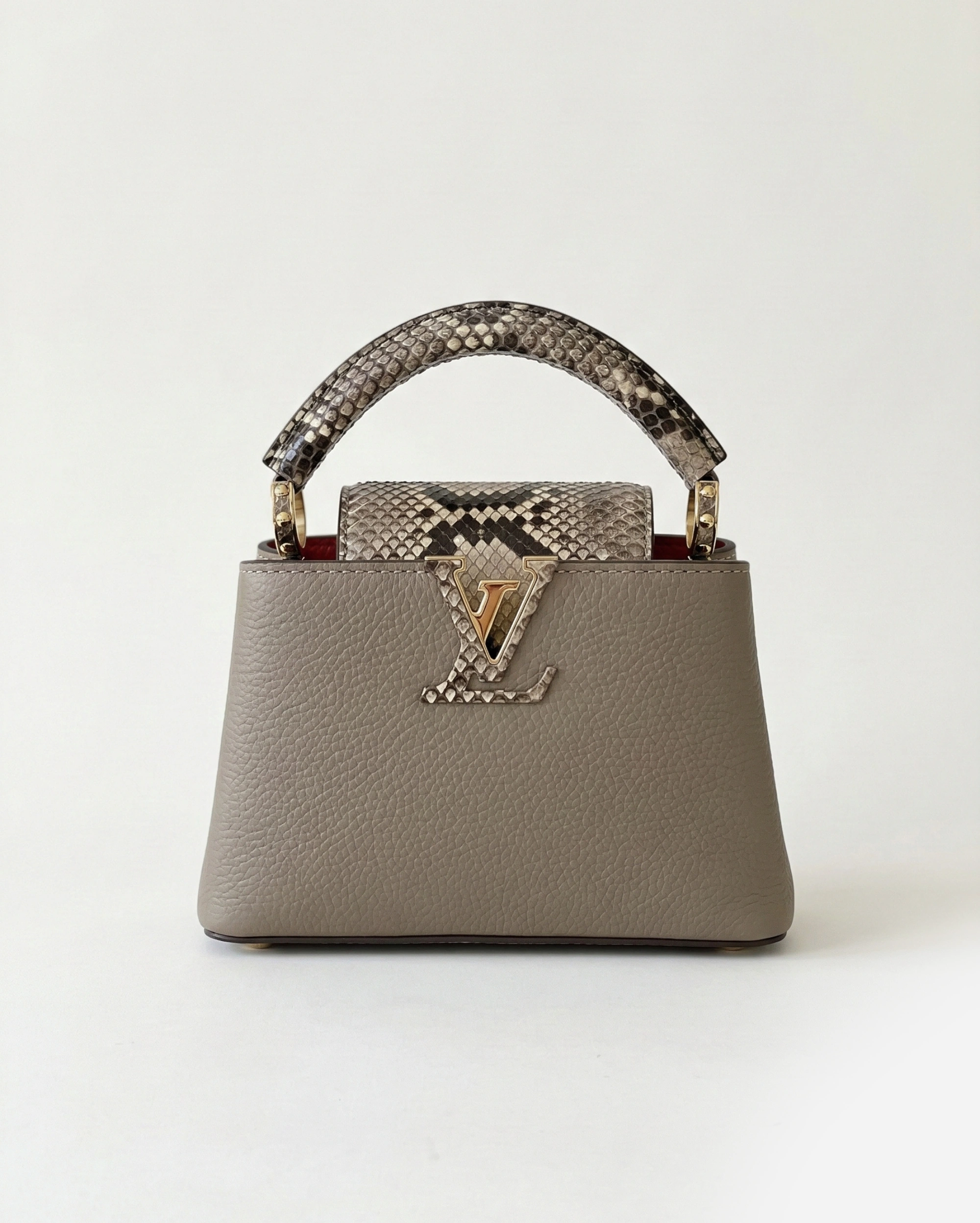 LV Capucines BB - Galet Grey with Natural Python Leather Handle LOUIS VUITTON premium 1:1 craftmanship super master edition LV Capucines BB - Galet Grey with Natural Python Leather Handle