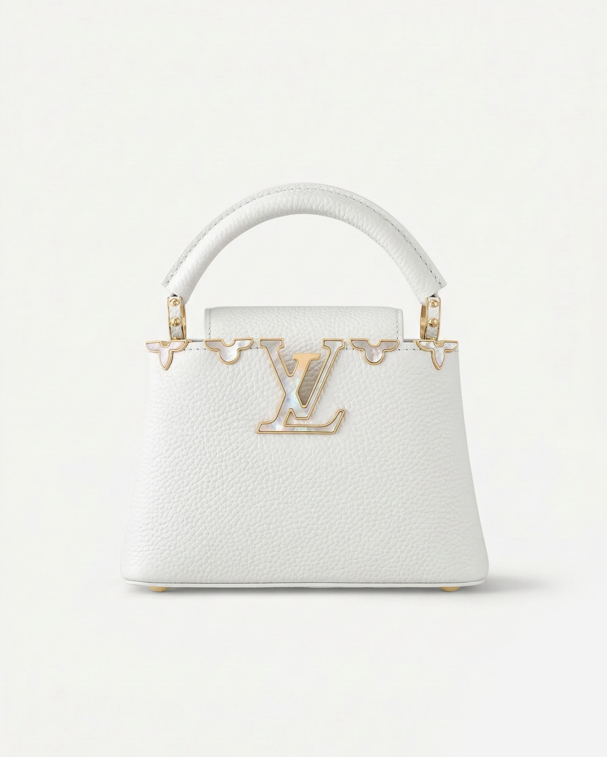LV Capucines BB - Snow White Leather with Gold Stud LV Initials LOUIS VUITTON premium 1:1 craftmanship super master edition LV Capucines BB - Snow White Leather with Gold Stud LV Initials