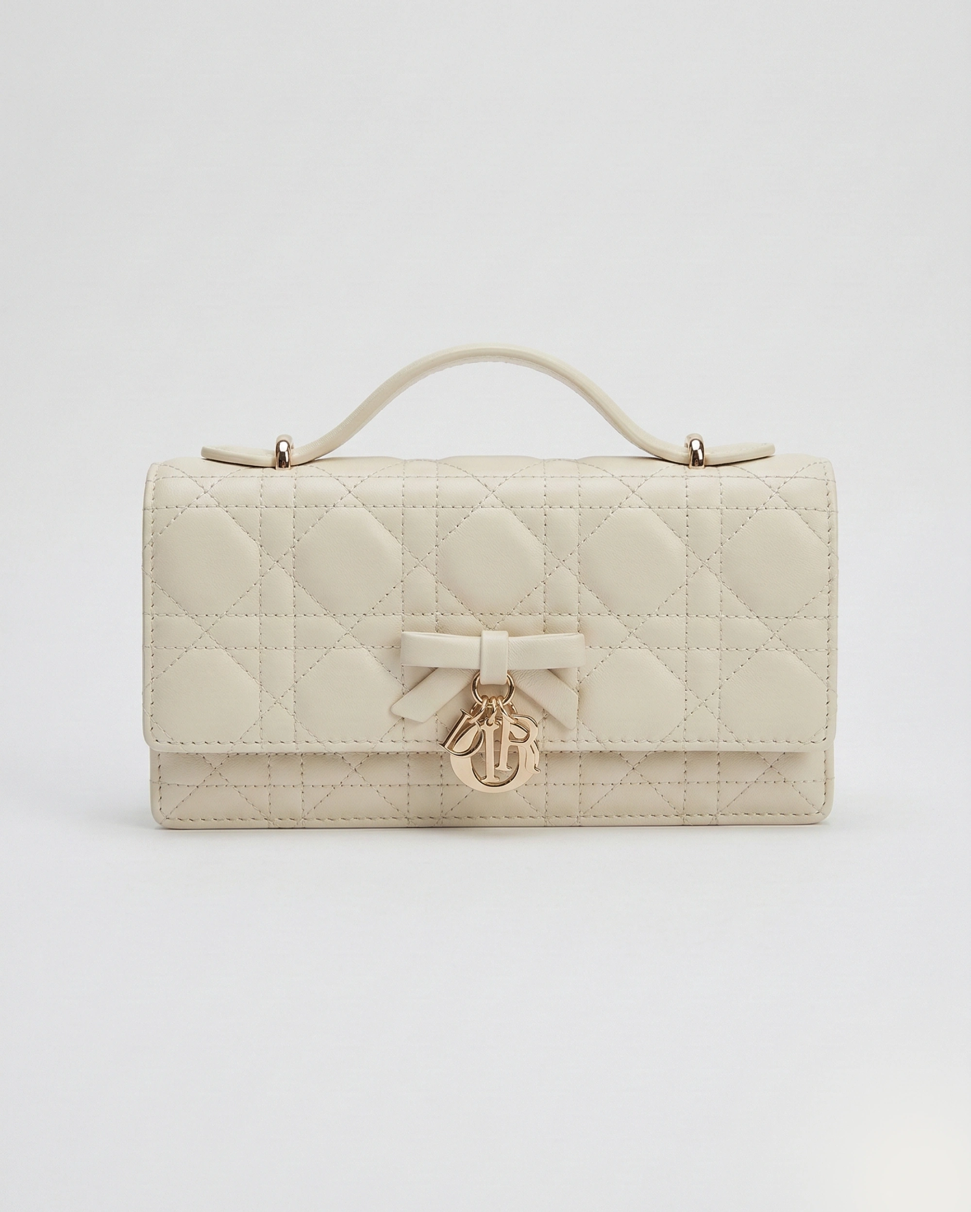 Lady Dior Pouch in Latte White Lambskin with Tonal Bow CHRISTIAN DIOR premium 1:1 craftmanship super master edition Lady Dior Pouch in Latte White Lambskin with Tonal Bow