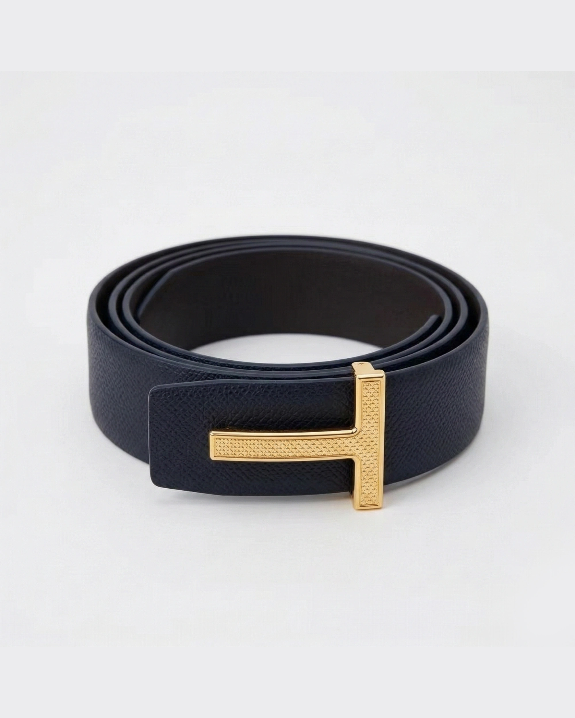 Tom Ford T Icon Navy Blue Grained Leather Belt with Polished Gold Buckle Tom Ford premium 1:1 craftmanship super master edition Tom Ford T Icon Navy Blue Grained Leather Belt with Polished Gold Buckle