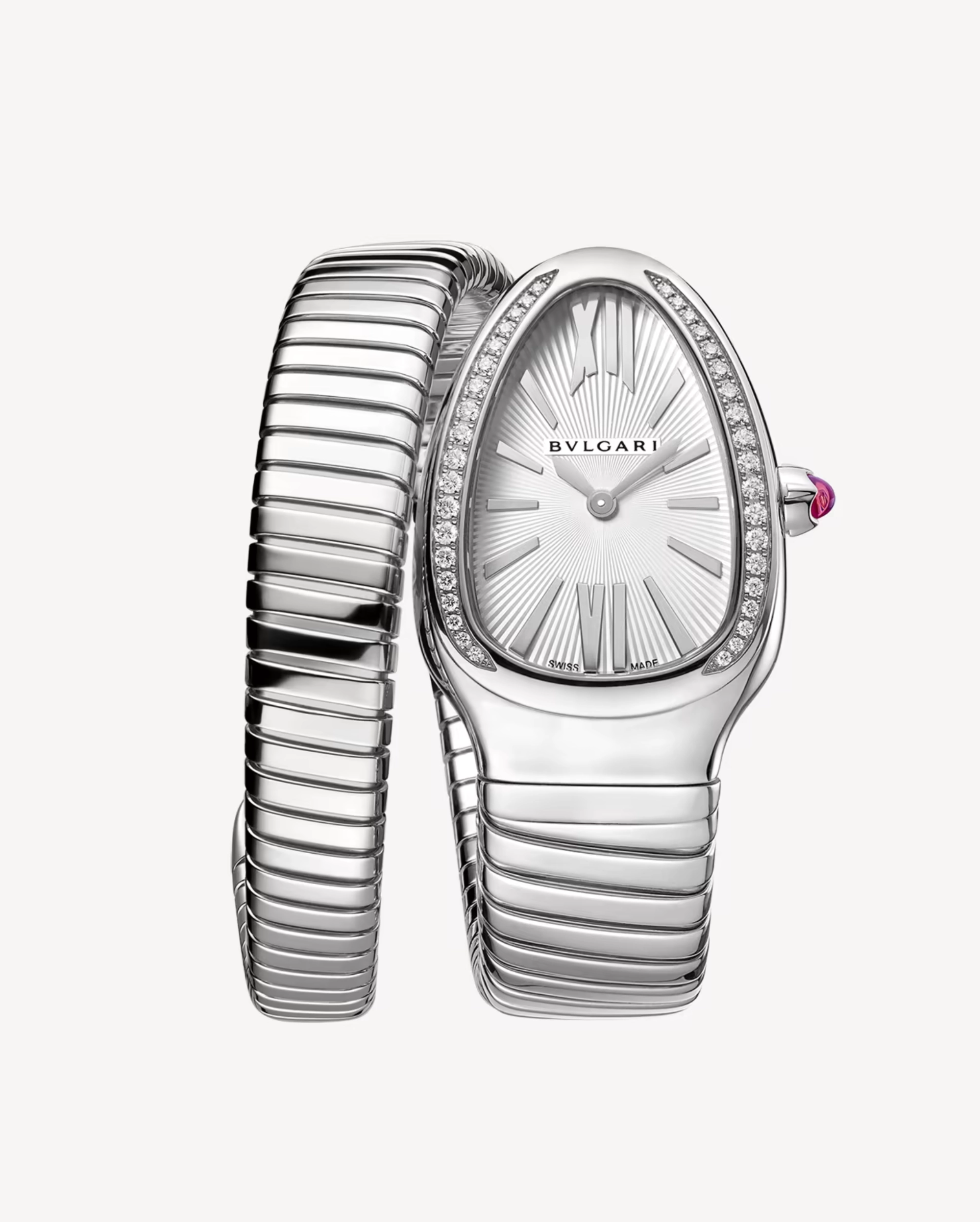 Bvlgari Serpenti Tubogas Stainless Steel Watch with Silver Dial and Diamond-Set Bezel BVLGARI premium 1:1 craftmanship super master edition Bvlgari Serpenti Tubogas Stainless Steel Watch with Silver Dial and Diamond-Set Bezel