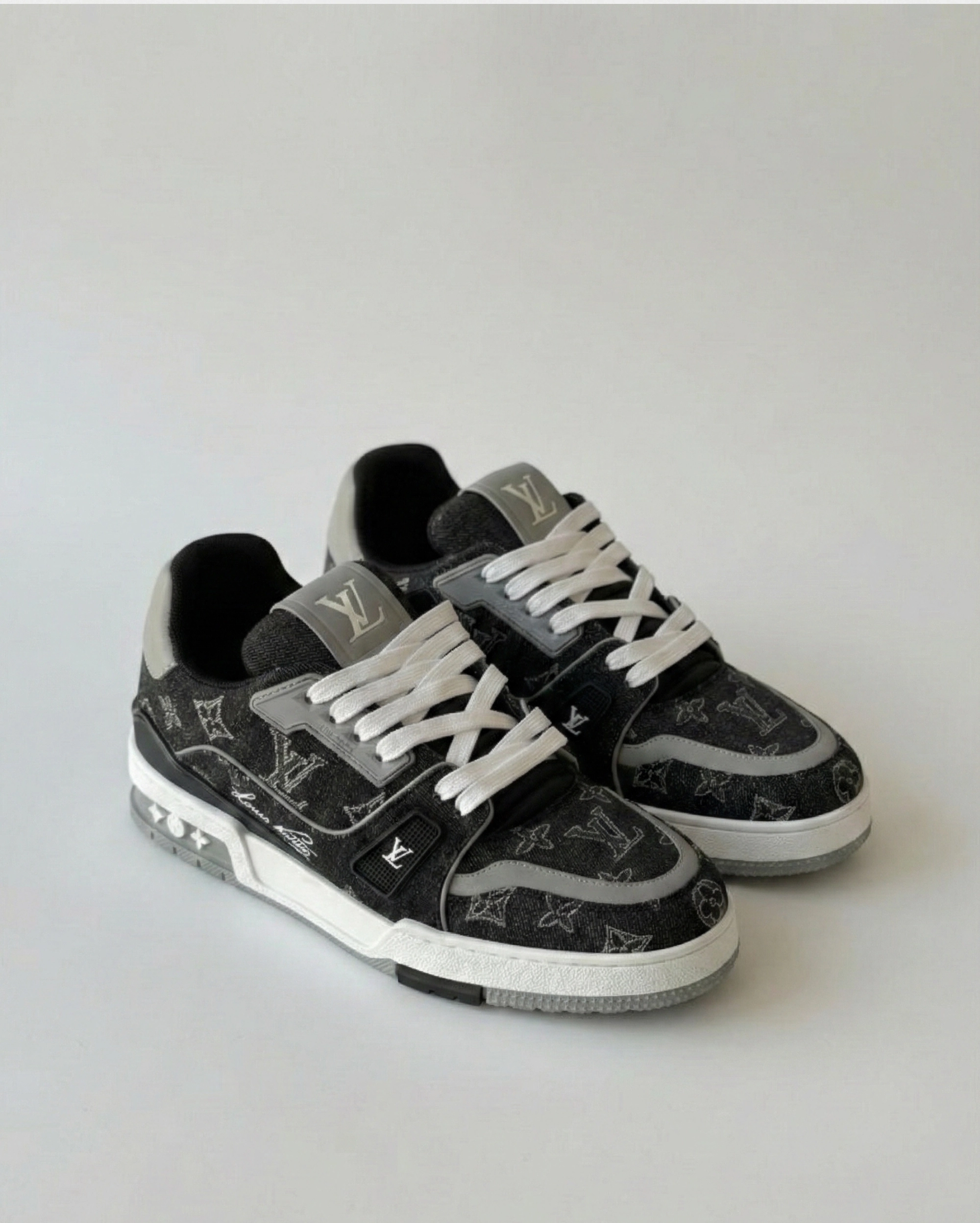 Louis Vuitton Men’s LV Trainer Sneaker - Black Monogram Denim and Grained Calf Leather LOUIS VUITTON premium 1:1 craftmanship super master edition Louis Vuitton Men’s LV Trainer Sneaker - Black Monogram Denim and Grained Calf Leather