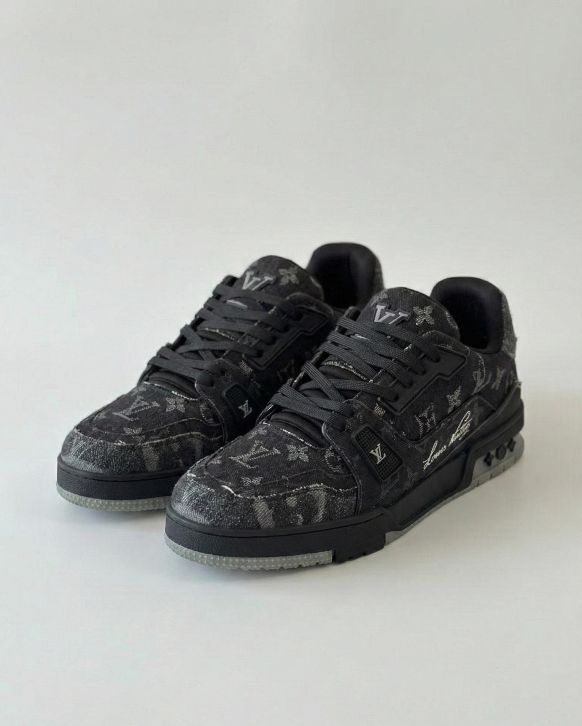 Louis Vuitton Men’s LV Trainer Sneaker - Black Monogram Denim and Grained Calf Leather LOUIS VUITTON premium 1:1 craftmanship super master edition Louis Vuitton Men’s LV Trainer Sneaker - Black Monogram Denim and Grained Calf Leather