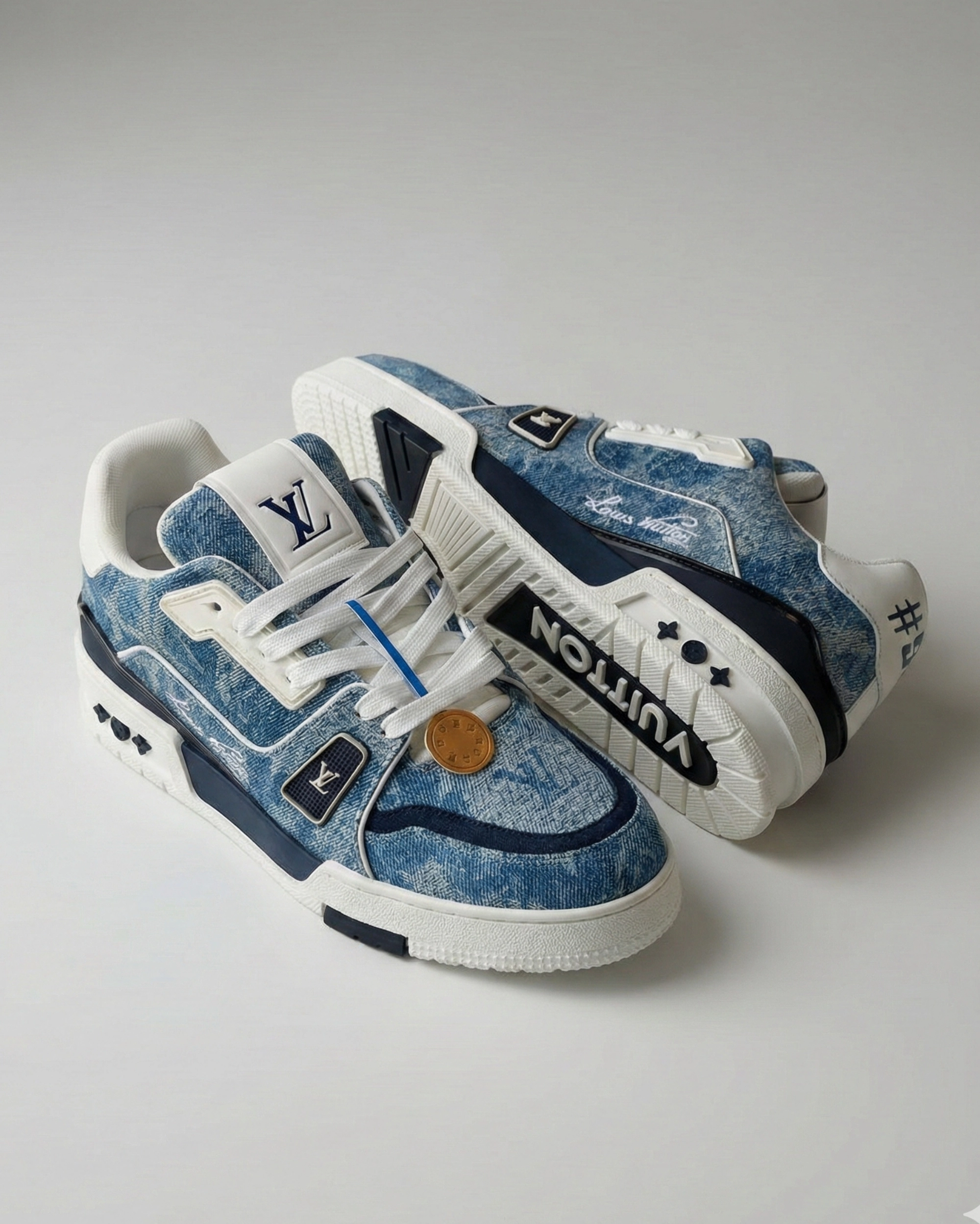 Louis Vuitton Men’s LV Trainer Sneaker - Blue Monogram Denim and White Grained Leather LOUIS VUITTON premium 1:1 craftmanship super master edition Louis Vuitton Men’s LV Trainer Sneaker - Blue Monogram Denim and White Grained Leather