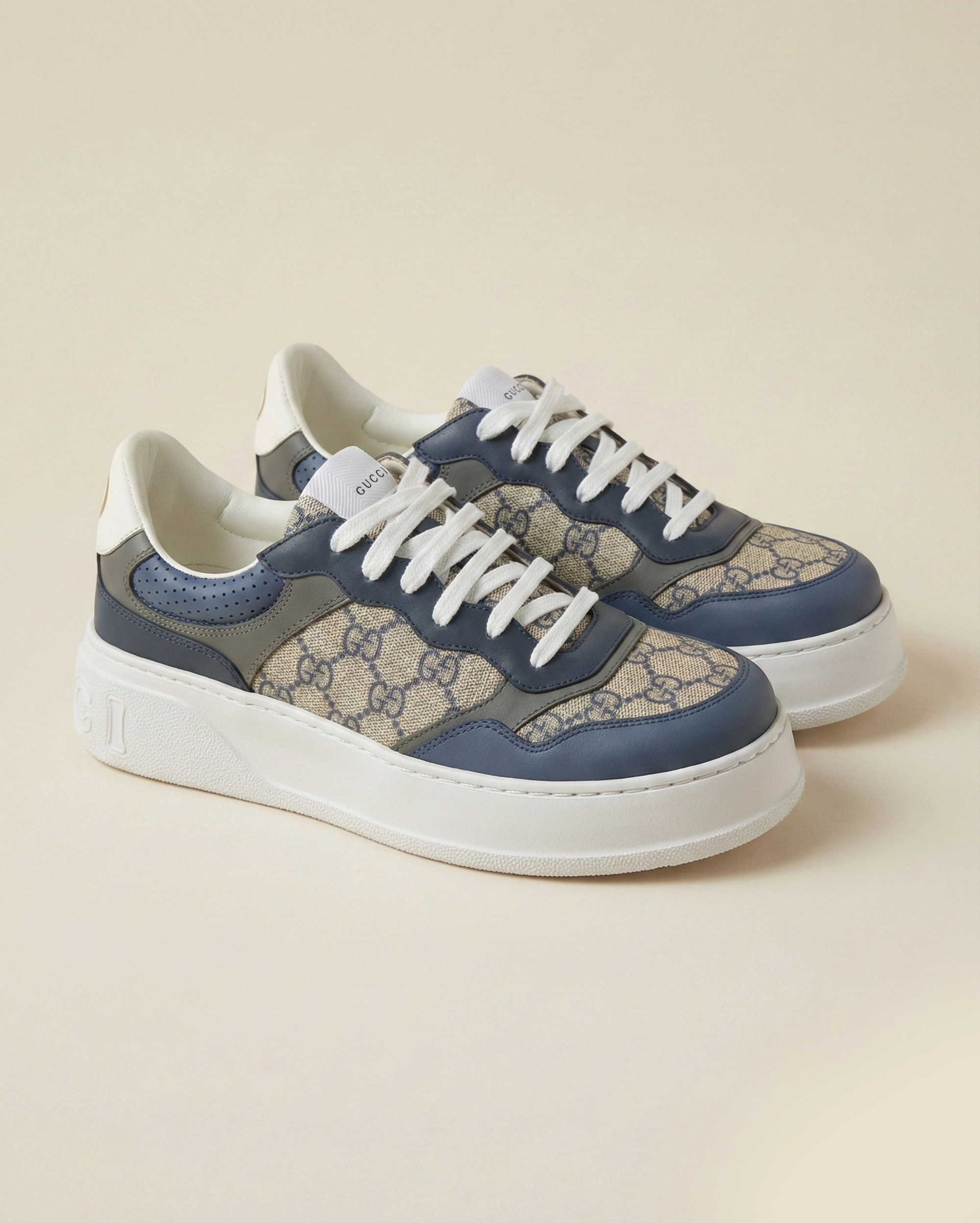 Gucci Men's Chunky Sneaker - Blue/Grey GG Supreme Canvas with Blue Leather Trim GUCCI premium 1:1 craftmanship super master edition Gucci Men's Chunky Sneaker - Blue/Grey GG Supreme Canvas with Blue Leather Trim