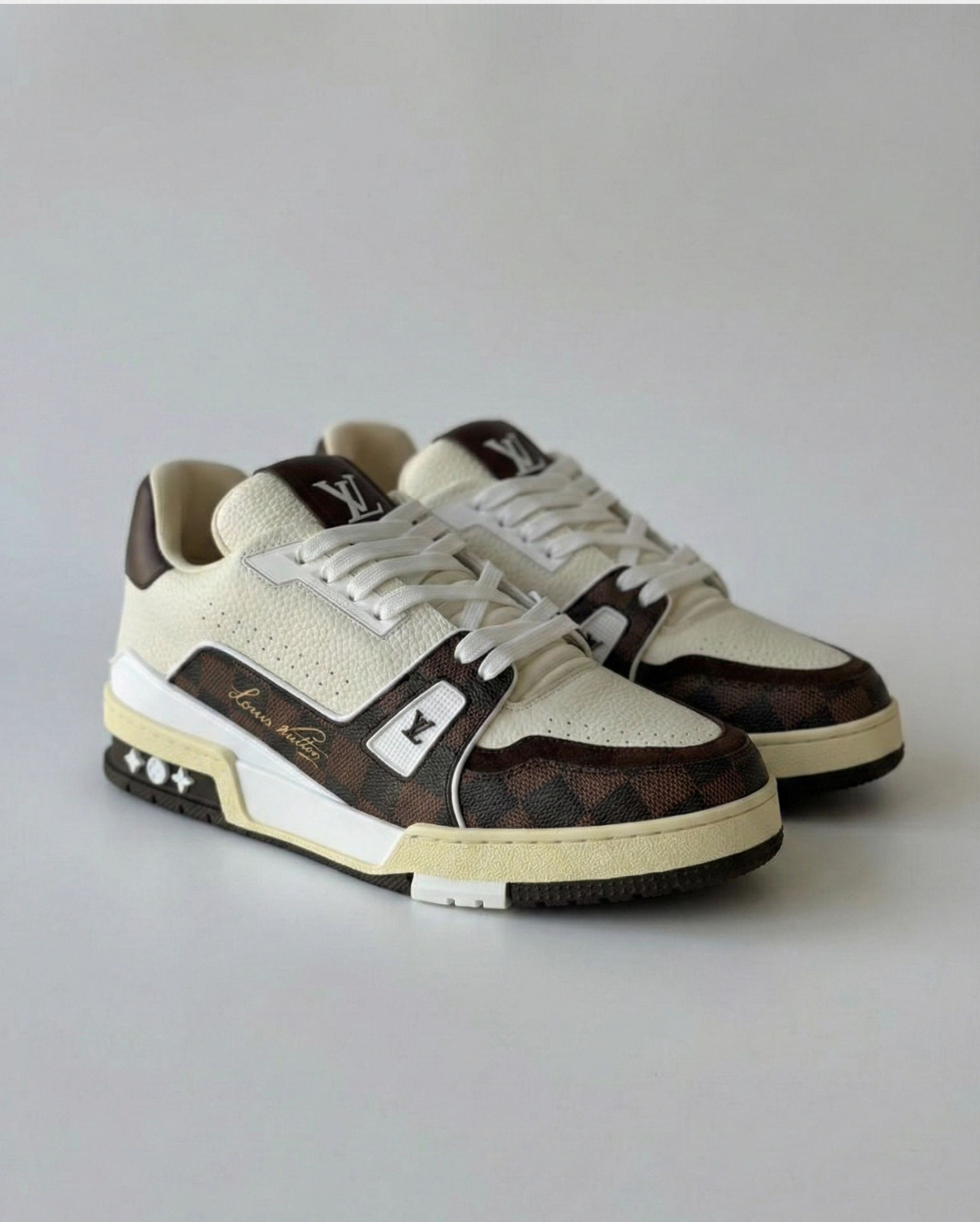 Louis Vuitton Men’s LV Trainer Sneaker - Damier Ebene Multi & White Grained Leather LOUIS VUITTON premium 1:1 craftmanship super master edition Louis Vuitton Men’s LV Trainer Sneaker - Damier Ebene Multi & White Grained Leather