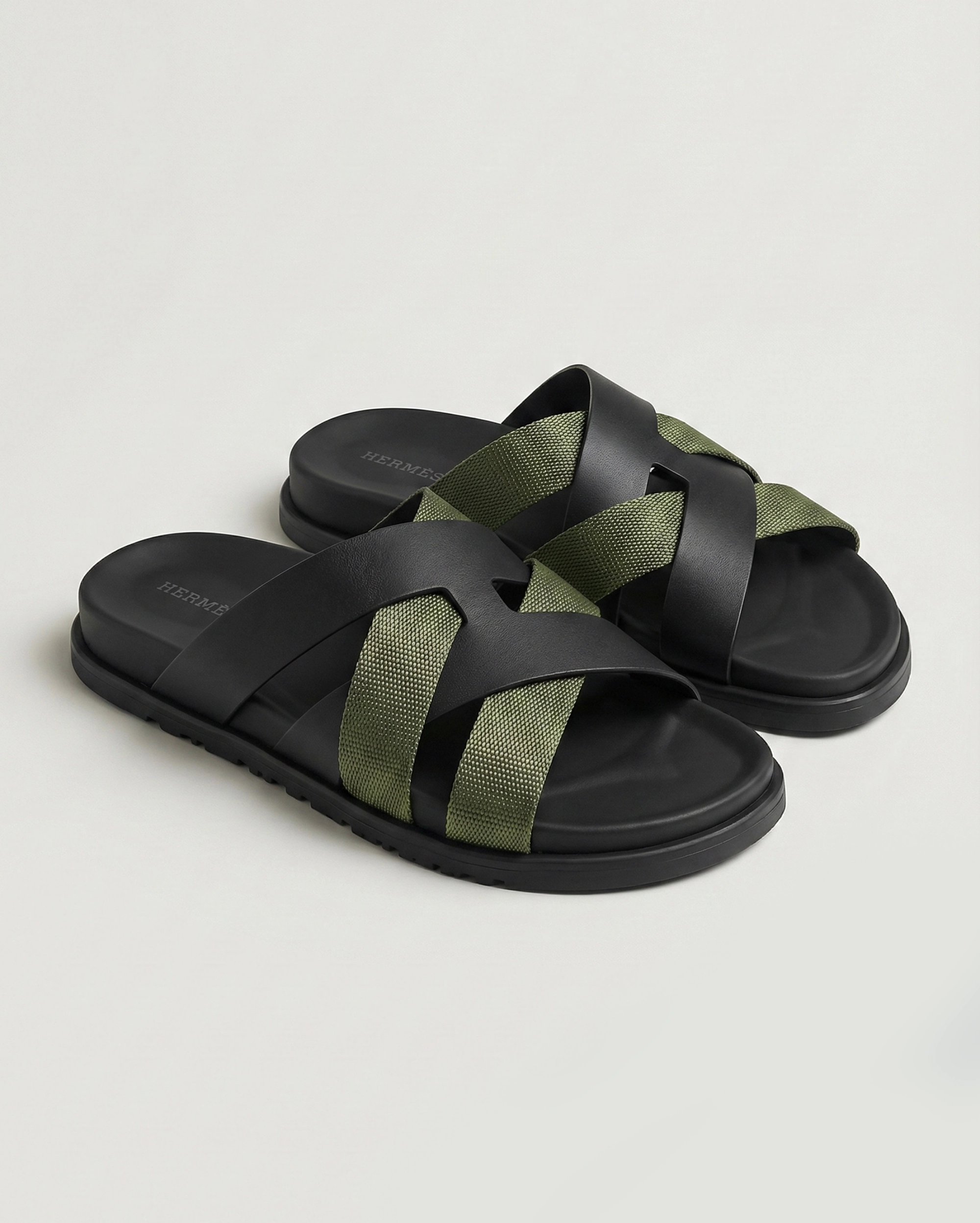 Hermès Elia Sandals in Black Calfskin and Khaki Technical Canvas Hermes premium 1:1 craftmanship super master edition Hermès Elia Sandals in Black Calfskin and Khaki Technical Canvas