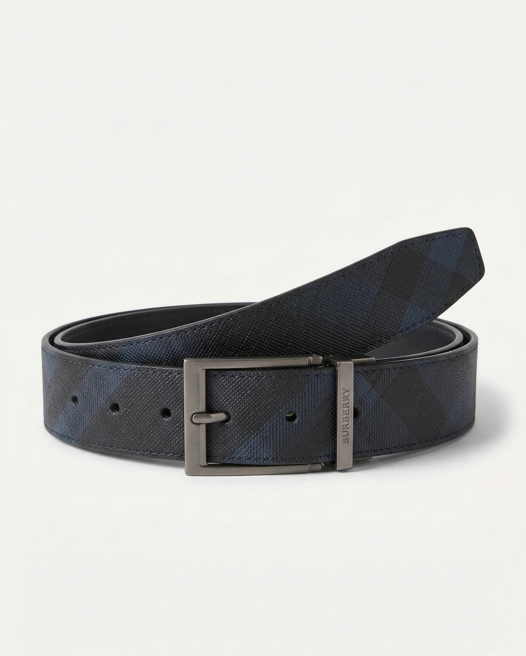 Burberry Navy Blue & Black Check Belt with Matte Gunmetal Pin Buckle Burberry premium 1:1 craftmanship super master edition Burberry Navy Blue & Black Check Belt with Matte Gunmetal Pin Buckle
