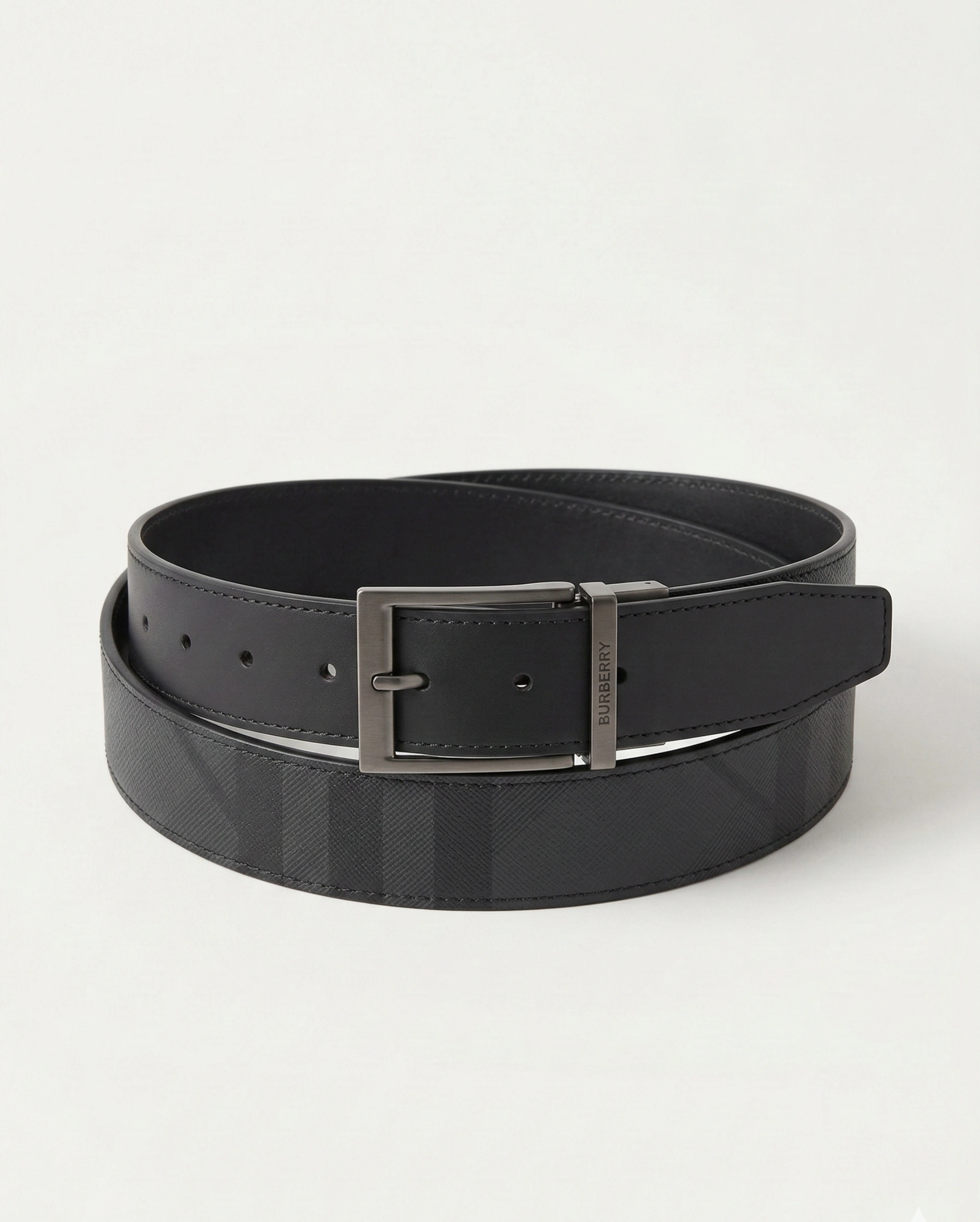 Burberry Reversible Check & Black Leather Belt with Matte Gunmetal Square Buckle Burberry premium 1:1 craftmanship super master edition Burberry Reversible Check & Black Leather Belt with Matte Gunmetal Square Buckle
