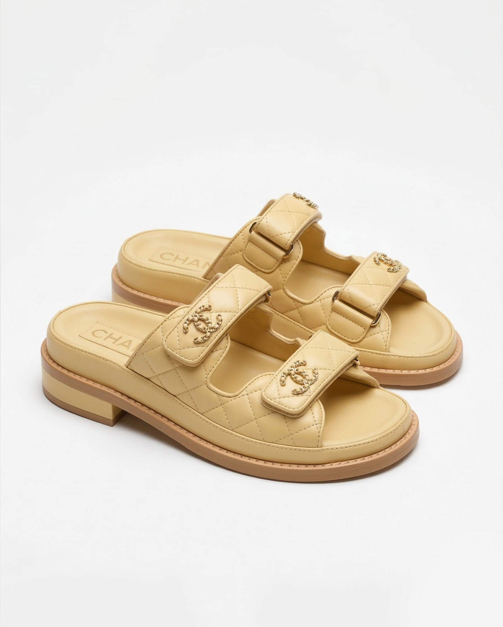Chanel Quilted Lambskin Dad Sandals in Pale Yellow / Custard CHANEL premium 1:1 craftmanship super master edition Chanel Quilted Lambskin Dad Sandals in Pale Yellow / Custard