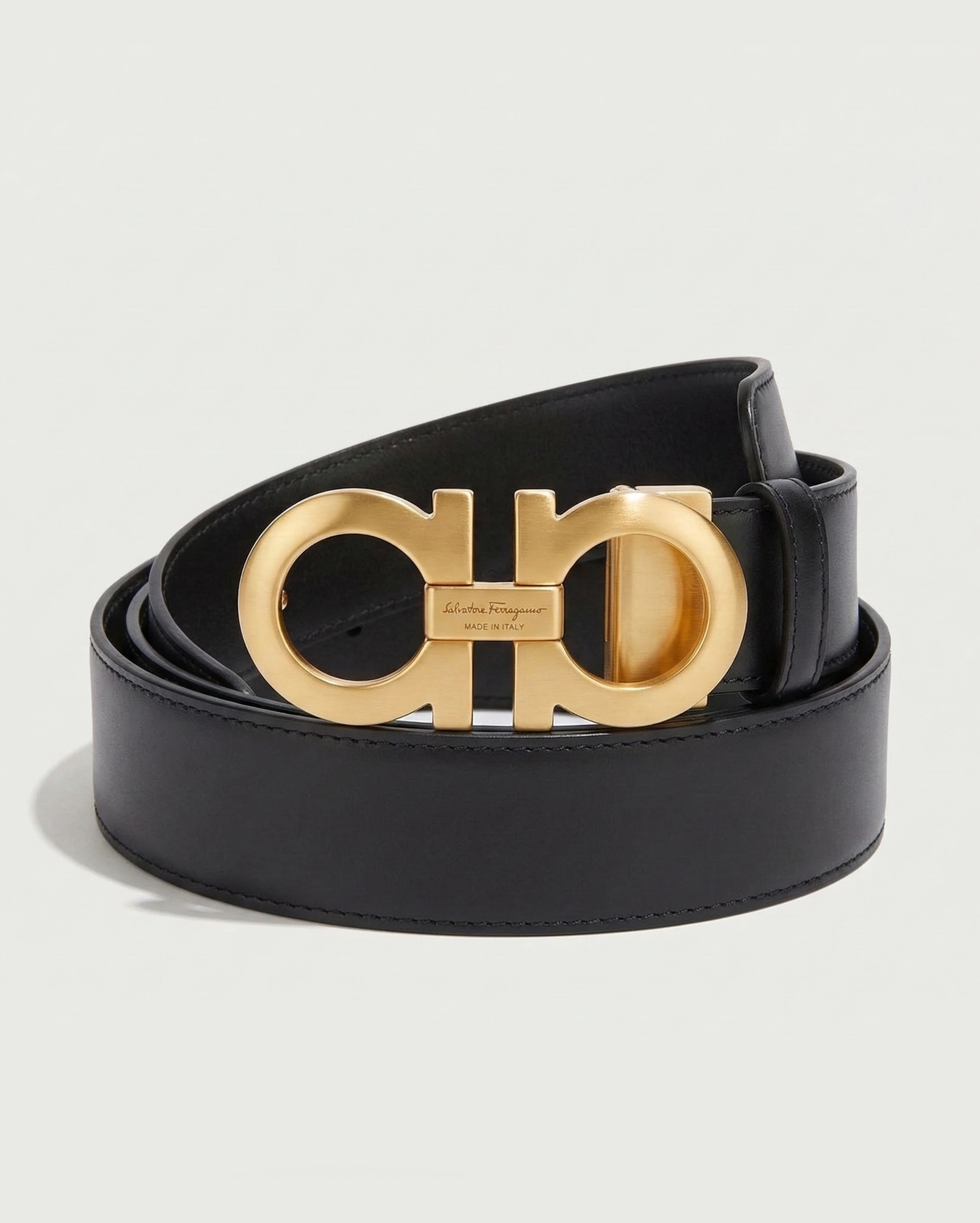 Salvatore Ferragamo Gancini Black Leather Belt with Polished Gold Buckle Salvatore premium 1:1 craftmanship super master edition Salvatore Ferragamo Gancini Black Leather Belt with Polished Gold Buckle