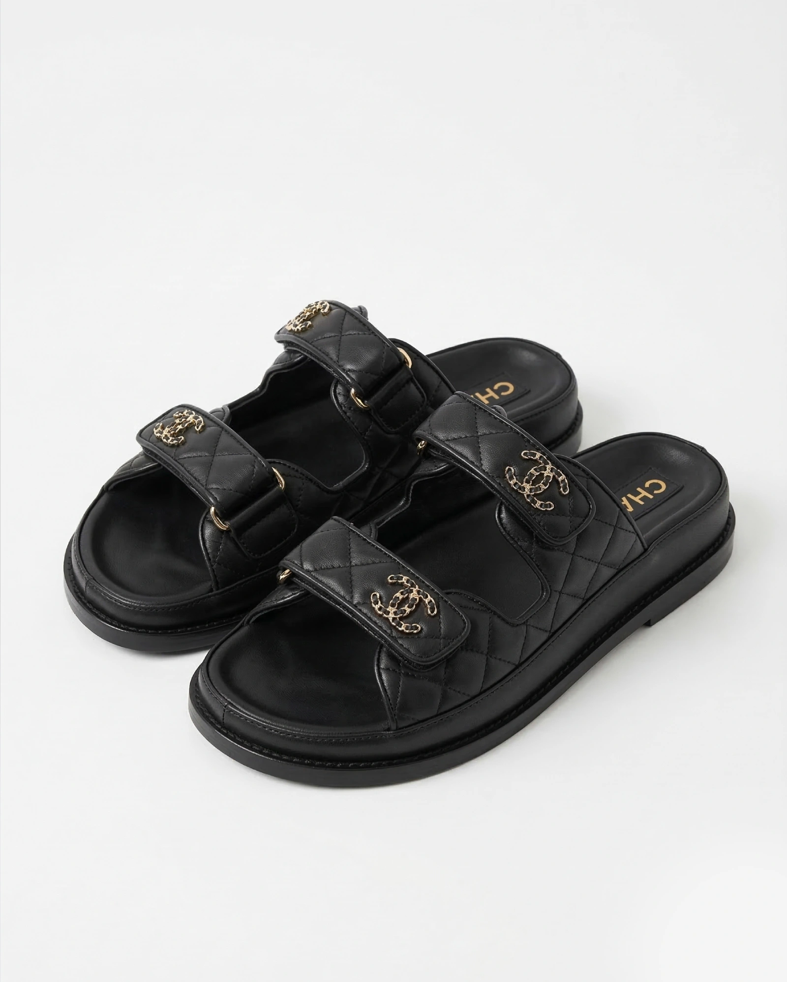 Chanel Quilted Lambskin Dad Sandals in Black with Gold Hardware CHANEL premium 1:1 craftmanship super master edition Chanel Quilted Lambskin Dad Sandals in Black with Gold Hardware