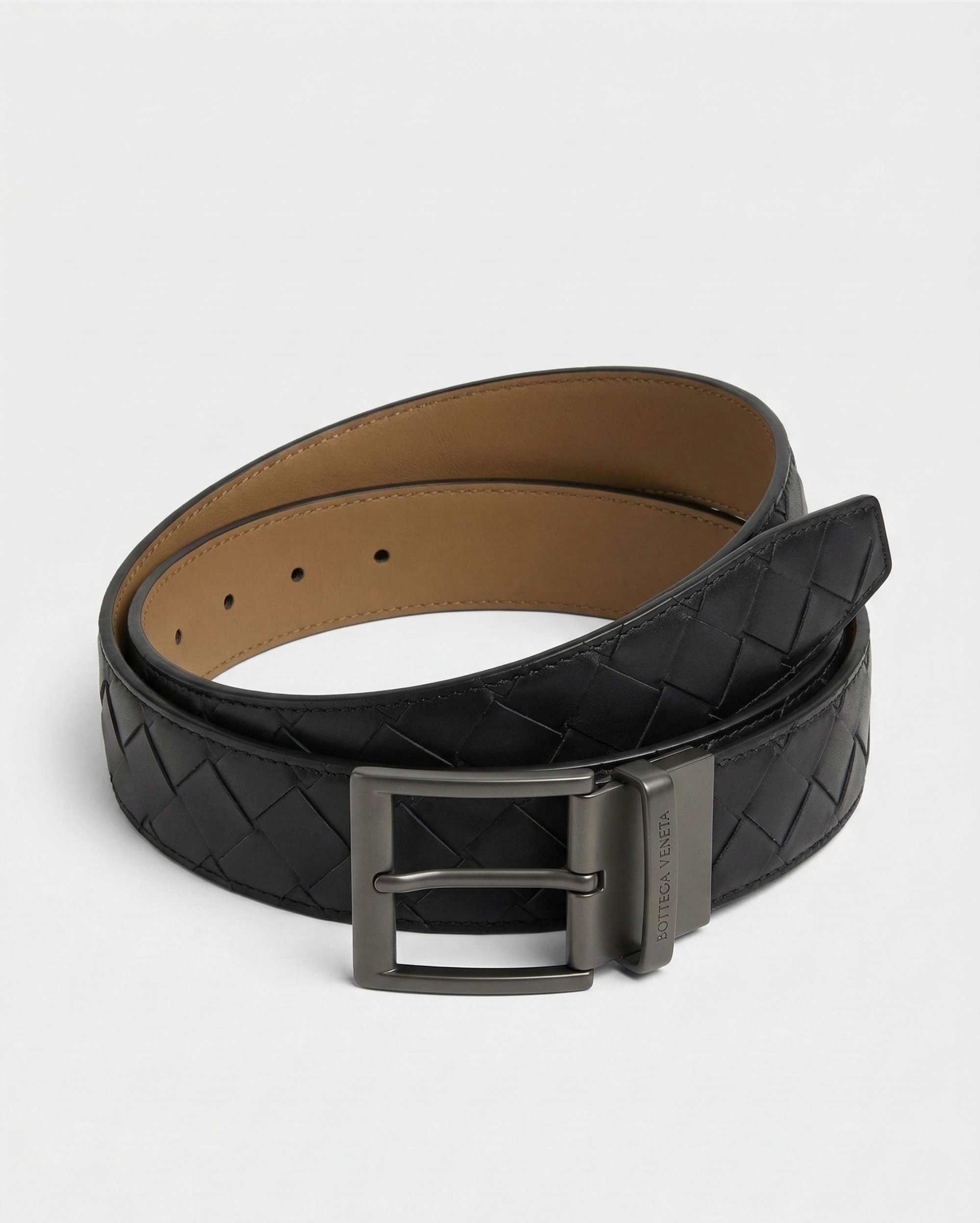 Bottega Veneta Intrecciato Black Leather Belt with Gunmetal Square Buckle BOTTEGA VENETA premium 1:1 craftmanship super master edition Bottega Veneta Intrecciato Black Leather Belt with Gunmetal Square Buckle