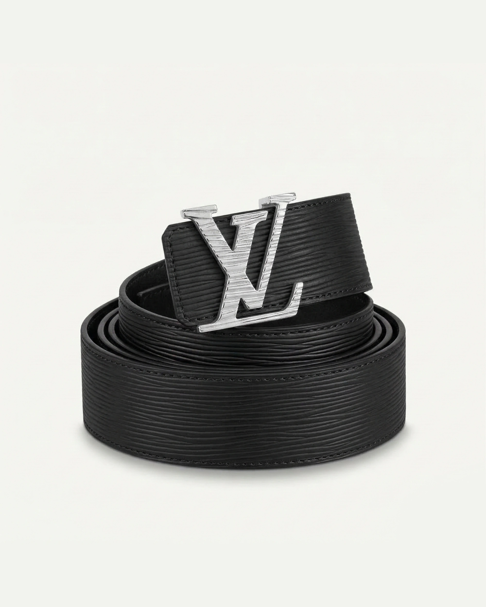 Louis Vuitton LV Initiales Black Epi Leather Belt with Polished Silver Buckle LOUIS VUITTON premium 1:1 craftmanship super master edition Louis Vuitton LV Initiales Black Epi Leather Belt with Polished Silver Buckle