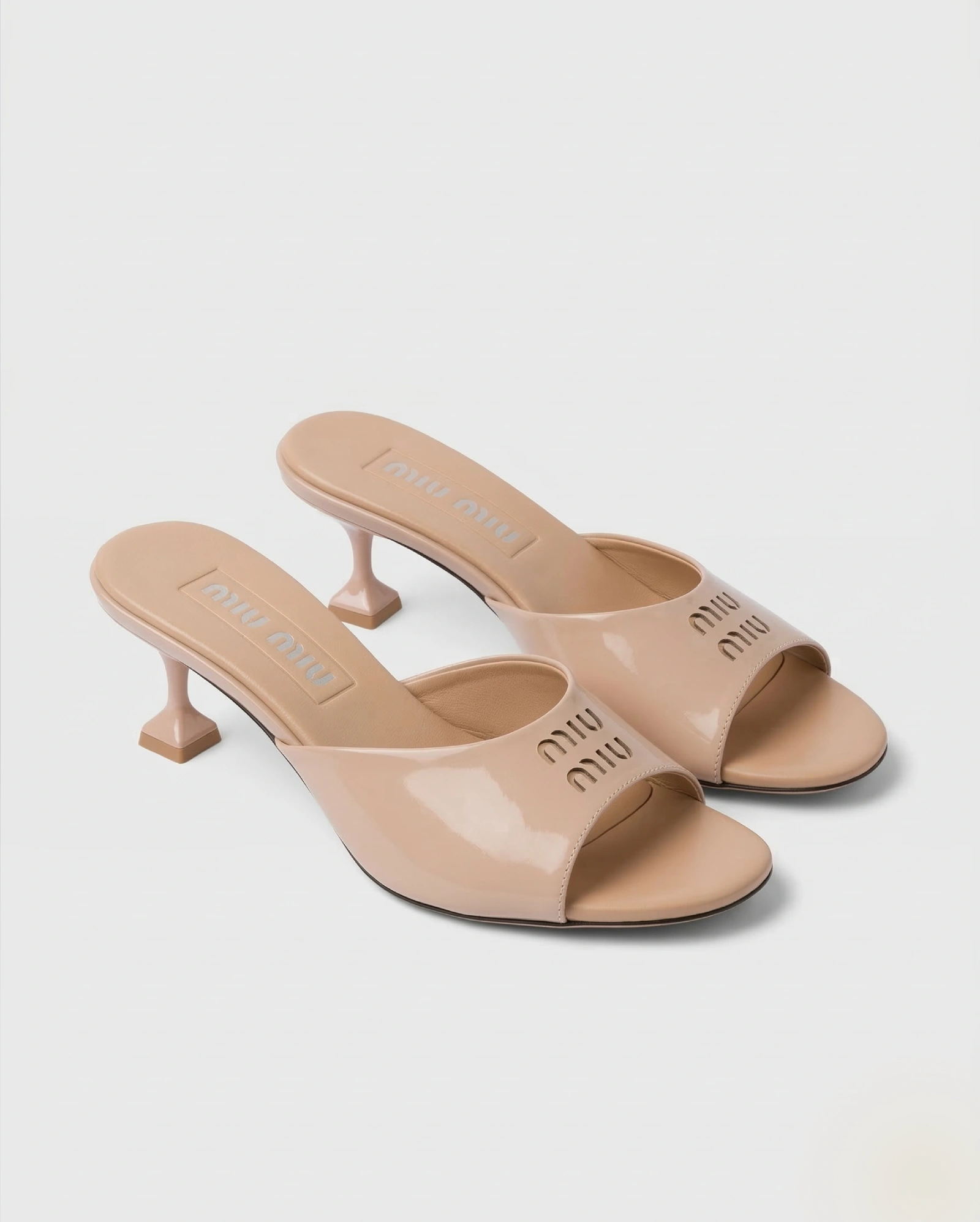 Miu Miu Patent Leather Logo Mules in Powder Beige Miu Miu premium 1:1 craftmanship super master edition Miu Miu Patent Leather Logo Mules in Powder Beige - Image 2