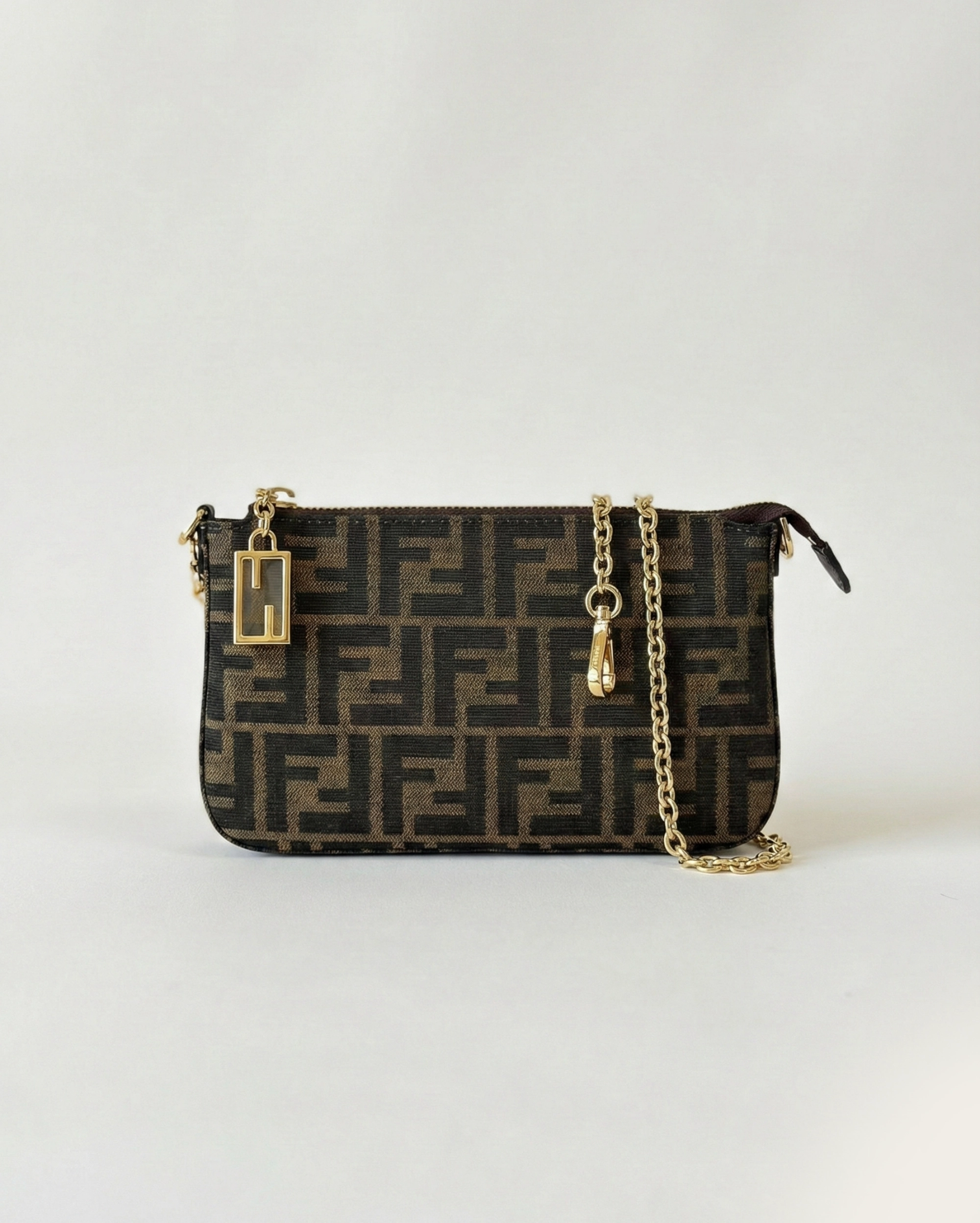 Fendi Mini Pochette in Brown FF Logo Fabric with Gold-Tone Hardware FENDI premium 1:1 craftmanship super master edition Fendi Mini Pochette in Brown FF Logo Fabric with Gold-Tone Hardware