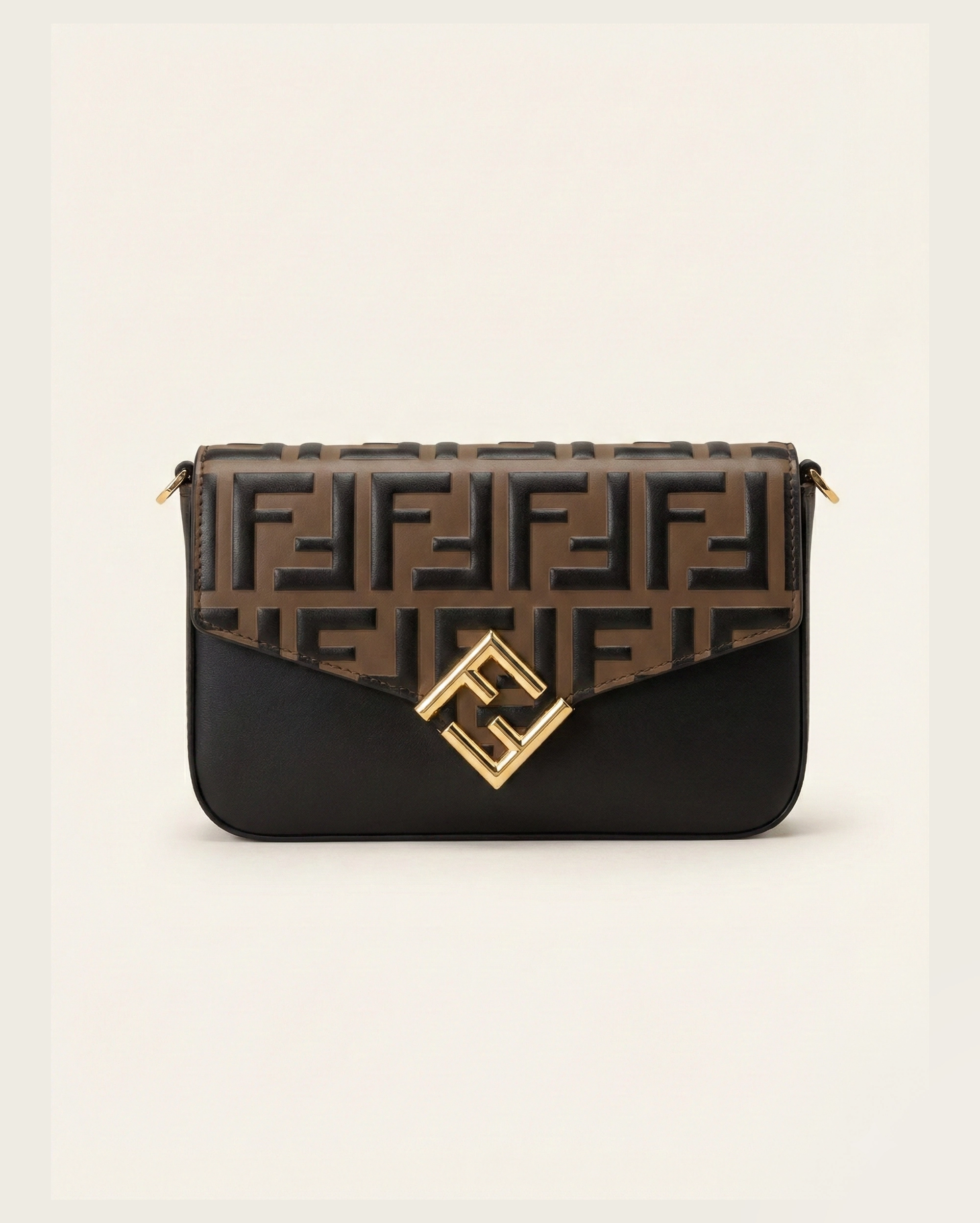 Fendi Baguette Messenger in Bi-Color Leather and Embossed FF Monogram FENDI premium 1:1 craftmanship super master edition Fendi Baguette Messenger in Bi-Color Leather and Embossed FF Monogram