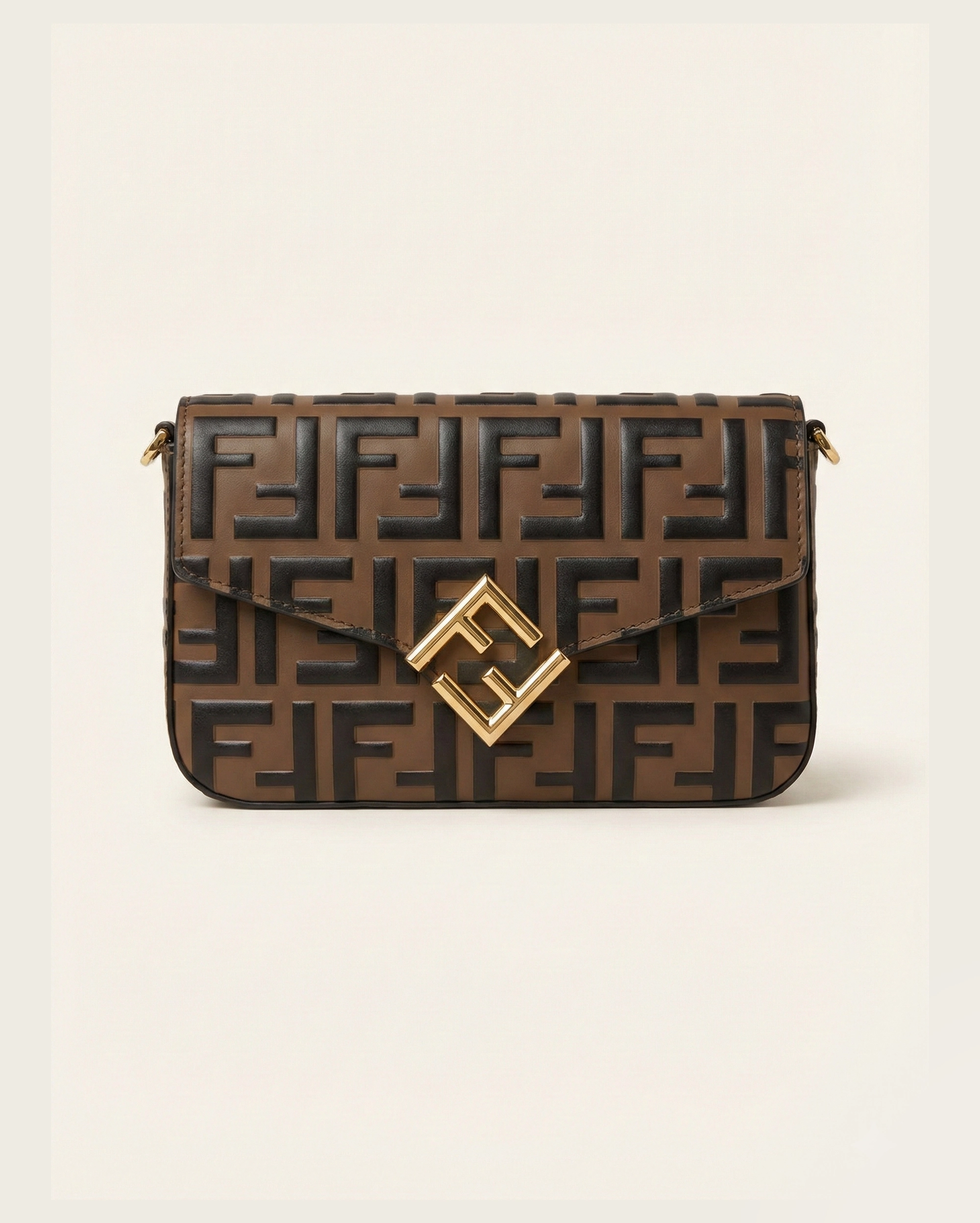 Fendi Baguette Messenger in All-Over Embossed FF Leather with Gold-Tone Square Logo FENDI premium 1:1 craftmanship super master edition Fendi Baguette Messenger in All-Over Embossed FF Leather with Gold-Tone Square Logo