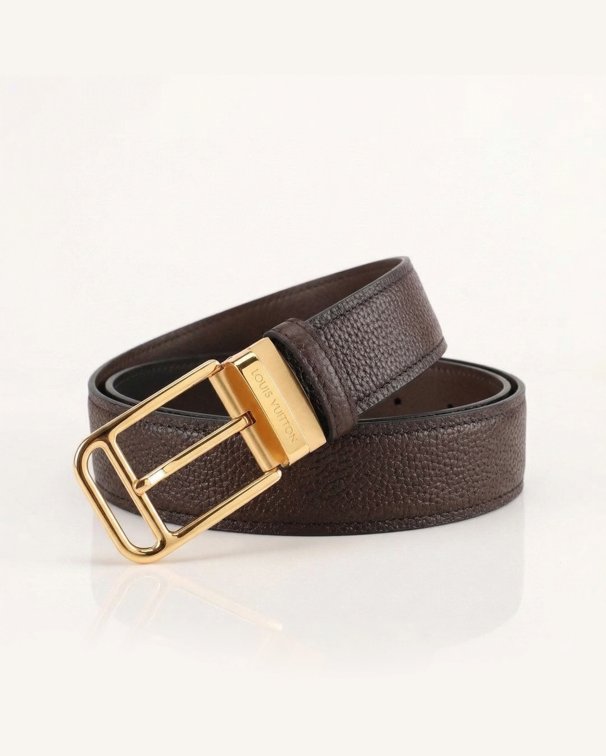 Montblanc Reversible Dark Brown Grained Leather Belt with Polished Gold Buckle MONTBLANC premium 1:1 craftmanship super master edition Montblanc Reversible Dark Brown Grained Leather Belt with Polished Gold Buckle